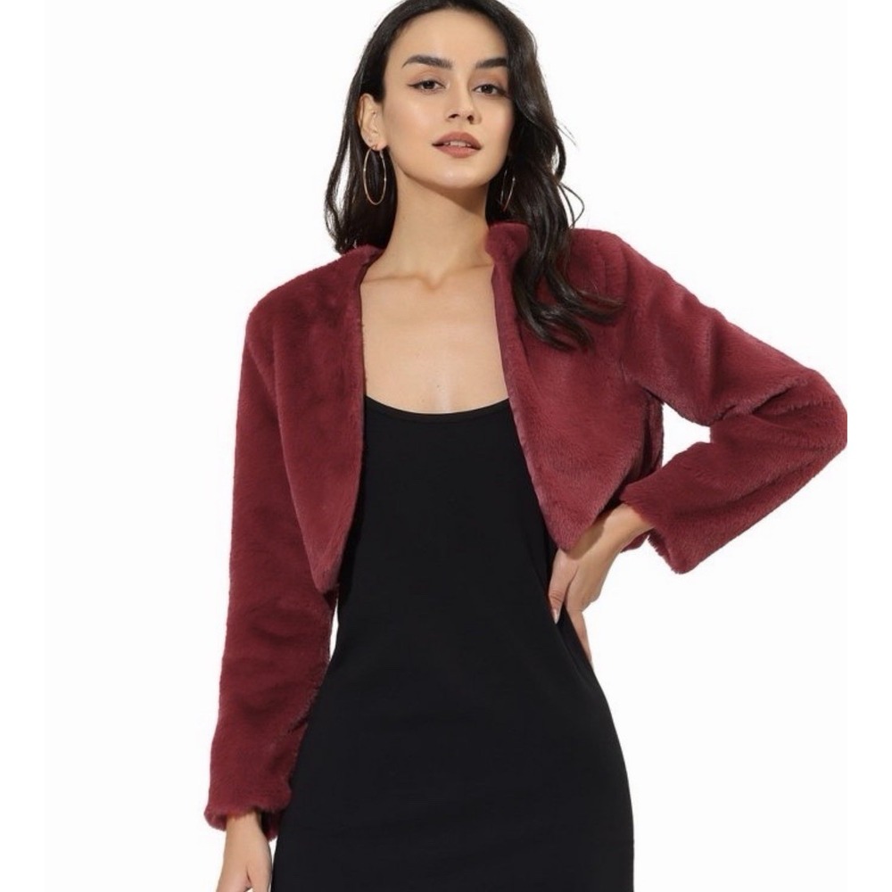 Allegra K Medium Women's Cropped Open Front Collarless Faux Fur Jacket Red